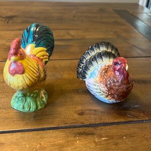 Ceramic Turkey and Rooster salt and pepper shakers